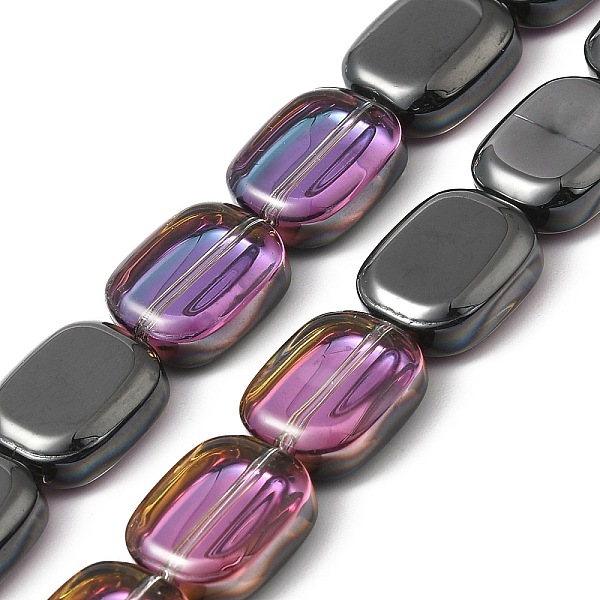 

PandaHall Transparent Electroplate Glass Bead Strands, Half Rainbow Plated, Rectangle, Orchid, 12x10x4.5mm, Hole: 1mm, about 55pcs/strand..., Purple