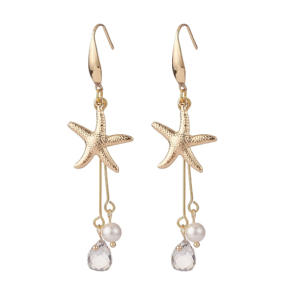 

PandaHall Starfish/Sea Stars 304 Stainless Steel Dangle Earring, Shell Pearl & Transparent Glass Beads Long Drop Earrings for Women, Golden..., White