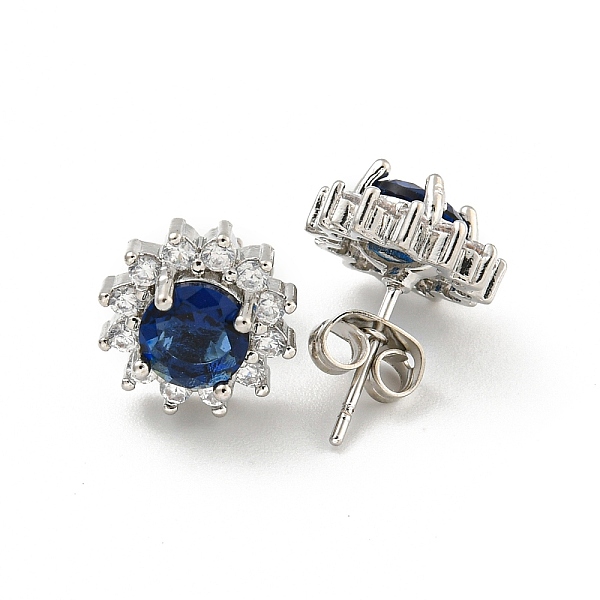 

PandaHall Flower Brass Micro Pave Clear Cubic Zirconia Stud Earrings, with Capri Blue Rhinestone for Women, Platinum, 11mm Cubic Zirconia..., Cyan
