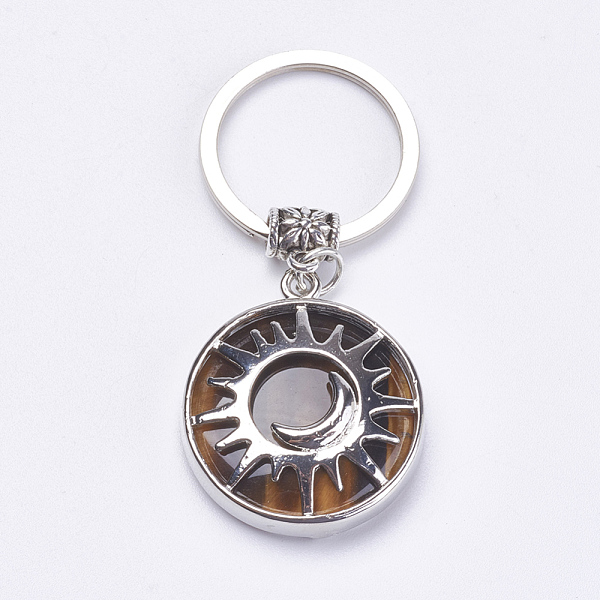 

PandaHall Natural Tiger Eye Keychain, with Brass Finding, Flat Round with Sun & Moon, 64mm Tiger Eye Flat Round Multicolor