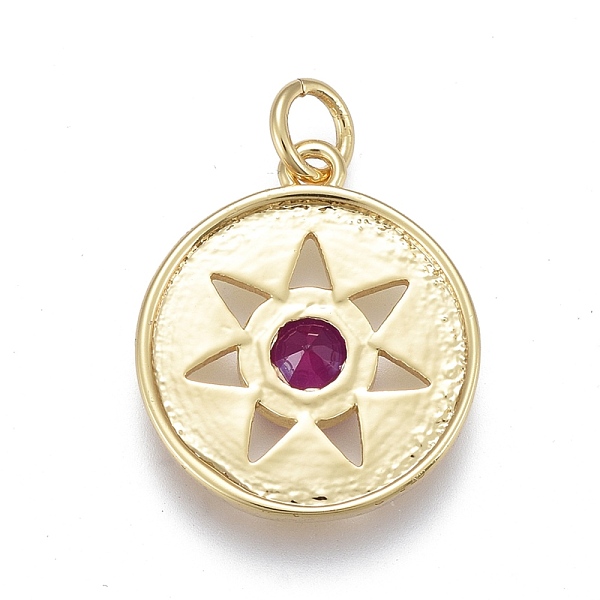 

PandaHall Brass Micro Pave Cubic Zirconia Pendants, Long-Lasting Plated, with Jump Rings, Flat Round with Sun, Real 18K Gold Plated..., Pink