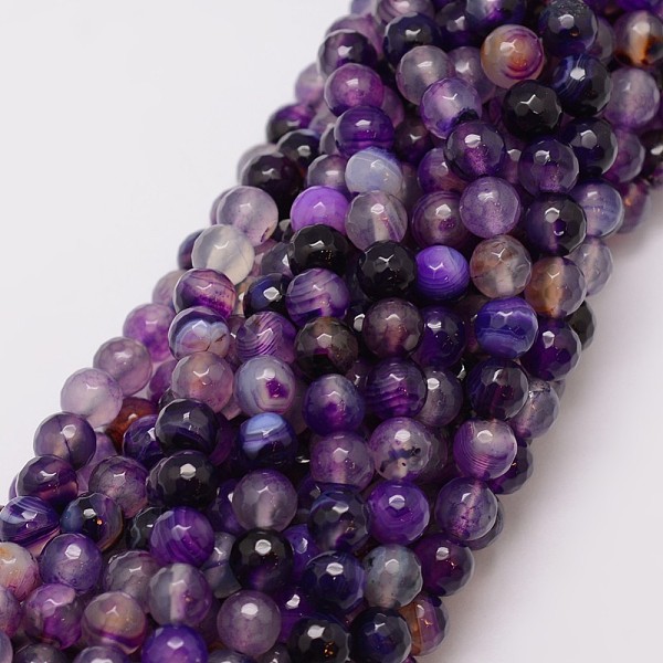 

PandaHall Natural Striped Agate/Banded Agate Bead Strands, Dyed, Faceted, Round, Medium Orchid, 8mm, Hole: 1mm, about 47pcs/strand, 14 inch..., Purple
