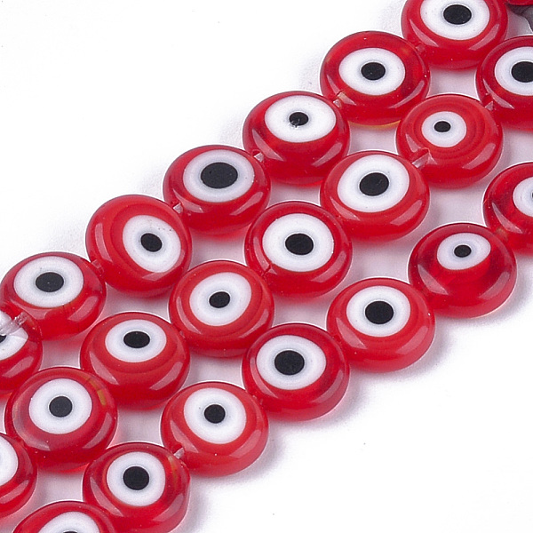 

PandaHall Handmade Evil Eye Lampwork Beads Strands, Flat Round, Red, 9.5~10.5x3.5~4mm, Hole: 1.2mm, about 38pcs/strand, 14.1 inch~14.5 inch...