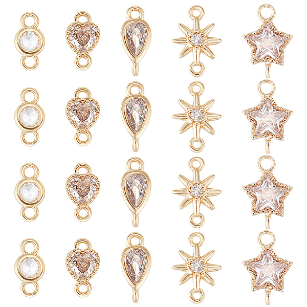 BENECREAT 20Pcs 5 Style Flat Round Star Brass Micro Pave Cubic Zirconia Links 18K Gold Plated Teardrop Heart Shape Crystal Connecter