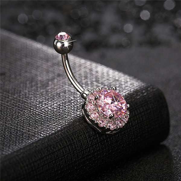 316L Surgical Stainless Steel Cubic Zirconia Flat Round Curved Barbell Belly Rings