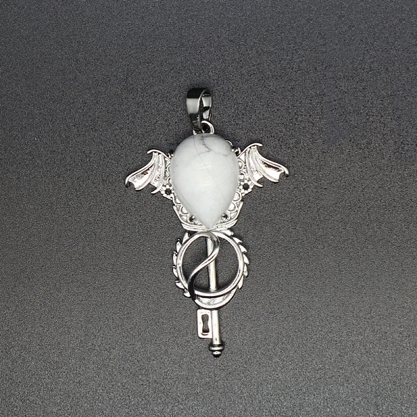 

PandaHall Natural Howlite Teardrop Pendants, Platinum Tone Brass Key Scepter Wing Charms, 45x35x9mm Howlite Key