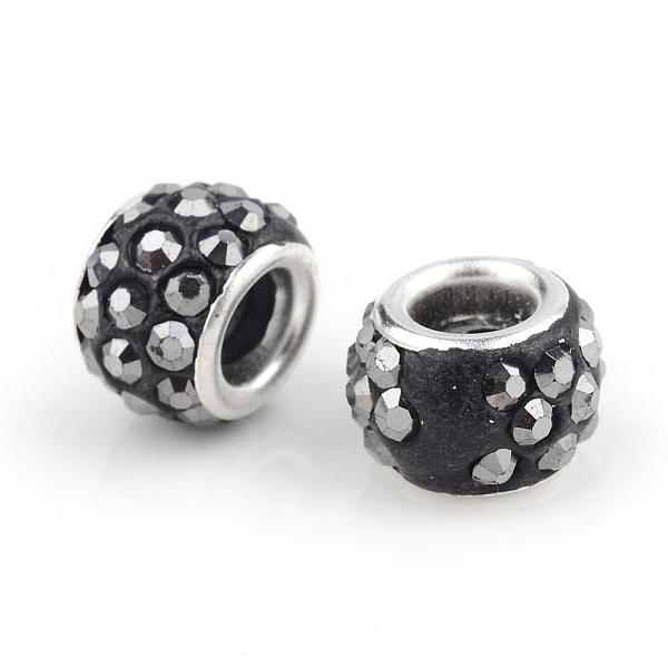 

PandaHall Polymer Clay Rhinestone European Beads, Large Hole Beads, Rondelle, with Silver Color Plated Brass Cores, Hematite, 10~12x7~8mm..., Black
