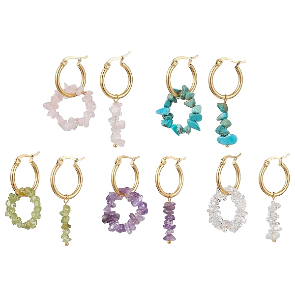 

PandaHall Natural Mixed Gemstone Chips Asymmetrical Earrings, 304 Stainless Steel Hoop Earrings, Golden, 35~37mm, 41~43mm Mixed Stone Chip