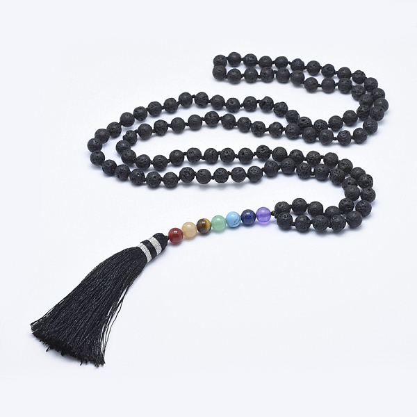 

PandaHall Nylon Tassel Pendant Necklace, with Natural Lava Rock Beads, 39.37 inch~44.49 inch(100~113cm) Lava Rock