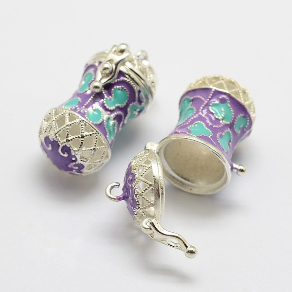 

PandaHall Brass Prayer Box Pendants, with Enamel, Column, Silver Color Plated, Purple, 27.5x18x14mm, Hole: 4x6mm Brass Column Purple