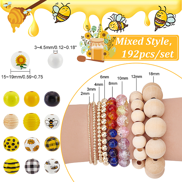 

PandaHall PH 192pcs 14 Styles Sunflower Wooden Beads 16mm Bee Loose Round Beads Colorful Painted Wood Beads Yellow Beads for Summer..., Multicolor