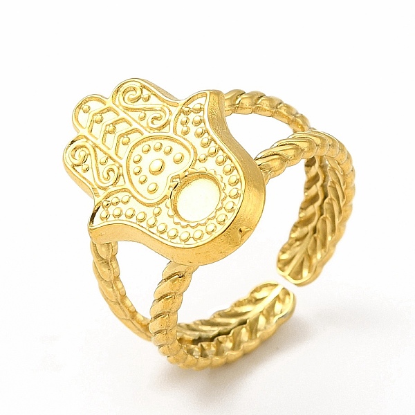 

PandaHall Ion Plating(IP) 304 Stainless Steel Hamsa Hand Open Cuff Ring Settings, with Round Tray, Real 18K Gold Plated, Inner Diameter...