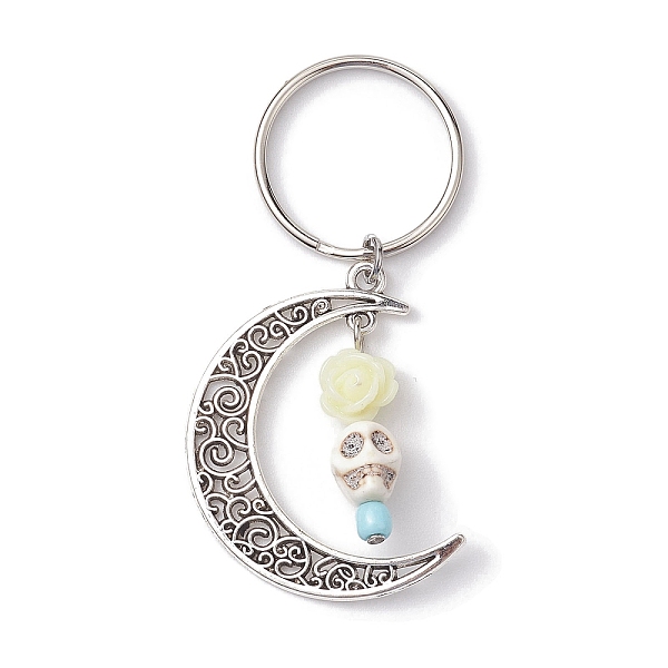 

PandaHall 5Pcs Alloy & Synthetic Turquoise & Resin Keychain, Moon, Flower, Skull, White, 6.8cm Synthetic Turquoise Moon White