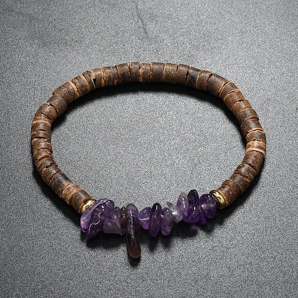 

PandaHall Natural Amethyst Chips & Coconut Disc Beaded Stretch Bracelets, Inner Diameter: 2-1/8 inch(5.5cm) Amethyst