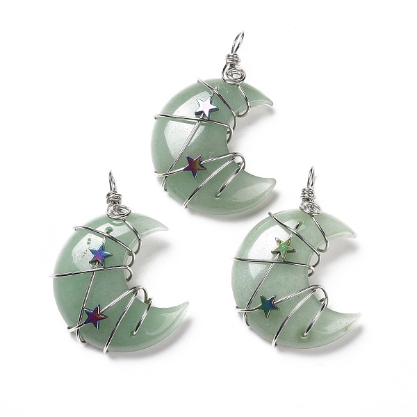 

PandaHall Natural Green Aventurine Pendants, with Platinum Tone Brass Wire Wrapped and Hematite Star Beads, Cadmium Free & Lead Free, Moon...