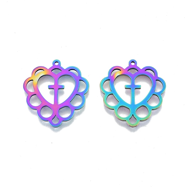 

PandaHall Ion Plating(IP) 201 Stainless Steel Pendants, Hollow, Heart with Cross, Rainbow Color, 26.5x25x1.5mm, Hole: 1.4mm 201 Stainless...