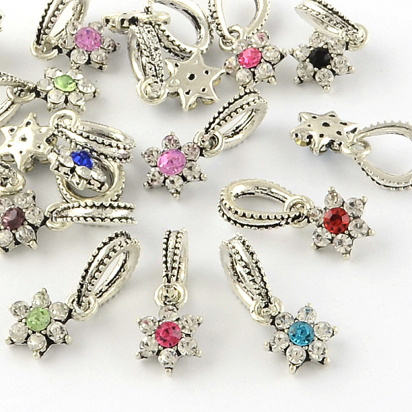 

PandaHall Flower Antique Silver Tone Alloy Rhinestone European Dangle Charms, Large Hole Pendants, Mixed Color, 13.5x9x3.5mm, Hole..., Multicolor