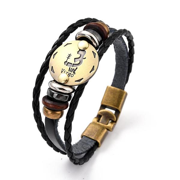 

PandaHall Braided Leather Cord Retro Multi-strand Bracelets, with Wood Beads, Hematite Beads and Alloy Findings, Flat Round, Antique Bronze..., Black