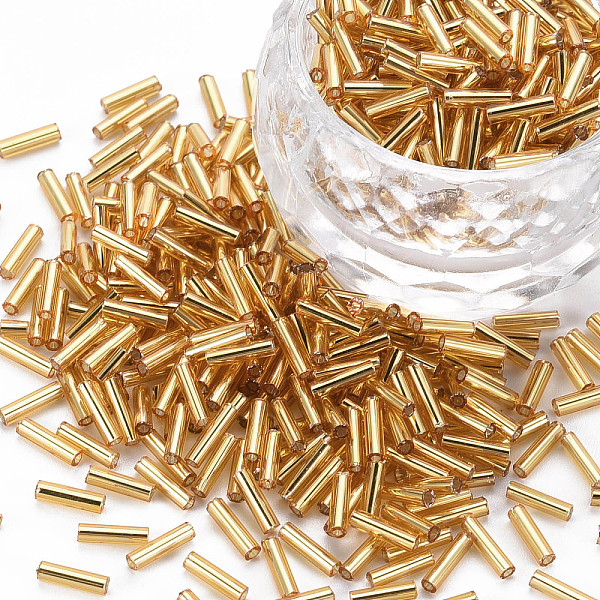 

PandaHall Plated Glass Bugle Beads, Metallic Colours, Goldenrod, 6x2mm, Hole: 1mm, about 10000pcs/Pound Glass Gold
