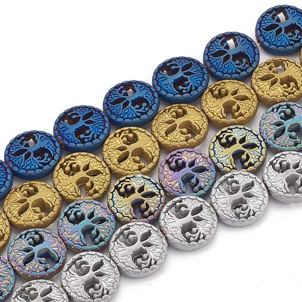 

PandaHall Electroplate Non-magnetic Synthetic Hematite Beads Strands, Matte Style, Flat Round with Tree of Life, Mixed Color...