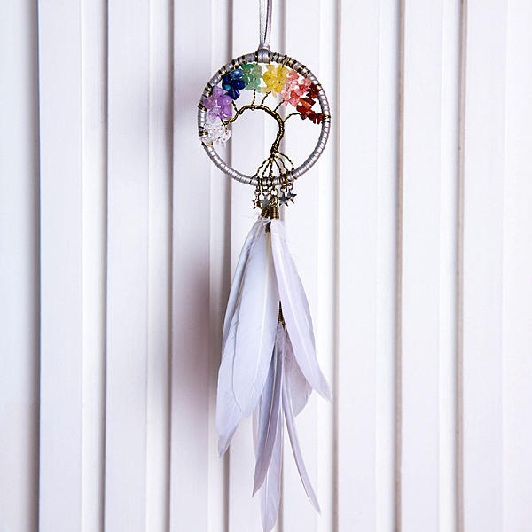 

PandaHall Tree of Life Wrapped Natural Gemstone Chips Woven Web/Net with Feather Decorations, Car Hanging Decorations, Light Grey, 380x70mm...