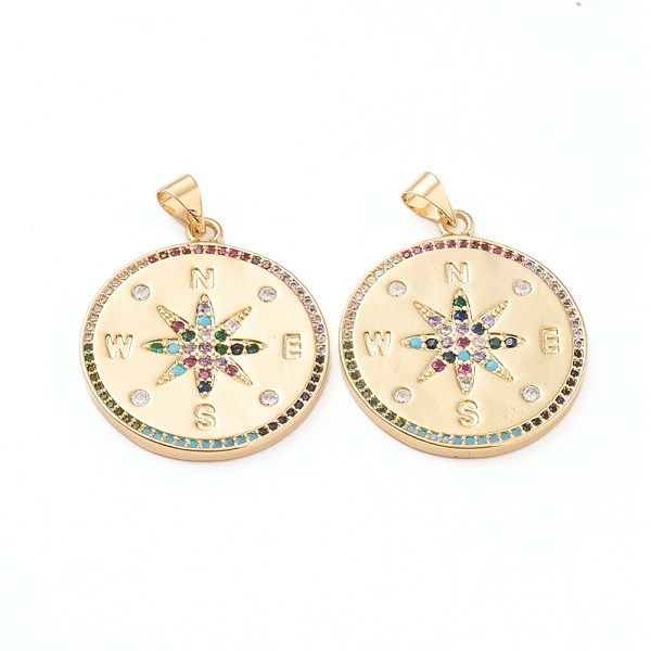 

PandaHall Brass Micro Pave Cubic Zirconia Pendants, Long-Lasting Plated, Flat Round with Compass, Real 18K Gold Plated, Colorful, 25.5x2mm...