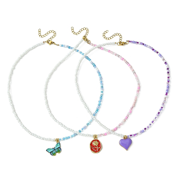 

PandaHall 3Pcs 3 Style Alloy Enamel Pendant Necklaces Set with Glass Seed Beaded Chains, Butterfly & Heart & Rose Flower, Mixed Color, 17.24..., Multicolor