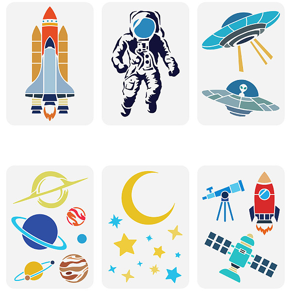 

PandaHall FINGERINSPIRE 6 pcs Space Theme Stencils 8.3x11.7inch Reusable Astronauts Stars Moon Planets Rockets Astronomical Telescopes...