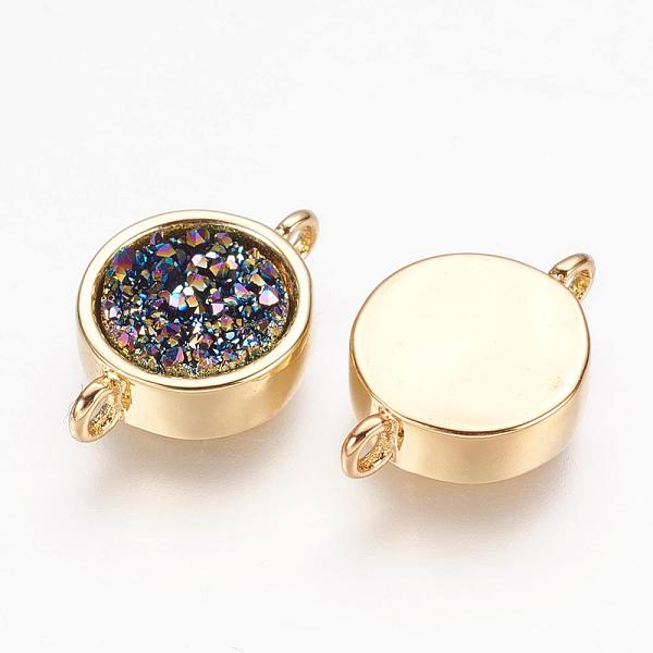 

PandaHall Natural Druzy Agate Links connectors, with Real 18K Gold Plated Brass Findings, Flat Round, Dyed, Purple, 10x15.5x3~3.5mm, Hole...