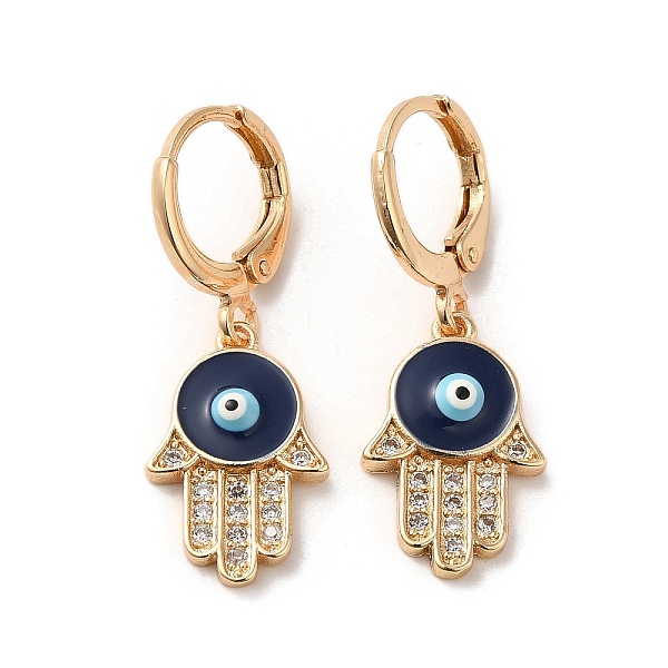 

PandaHall Hamsa Hand with Evil Eye Real 18K Gold Plated Brass Dangle Leverback Earrings, with Enamel and Cubic Zirconia, Midnight Blue...