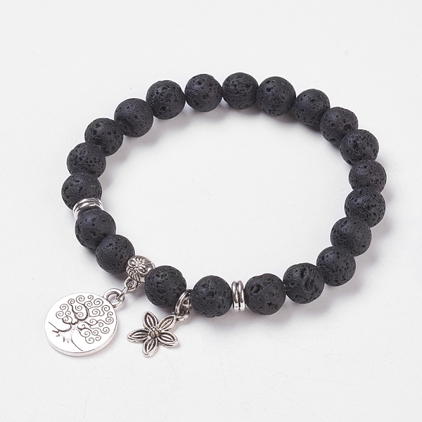 

PandaHall Natural Lava Rock Stretch Bracelets, with Alloy Pendants & Bead Spacers, Tree of Life and Flower, Burlap Packing, 2 inch(5cm) Lava...