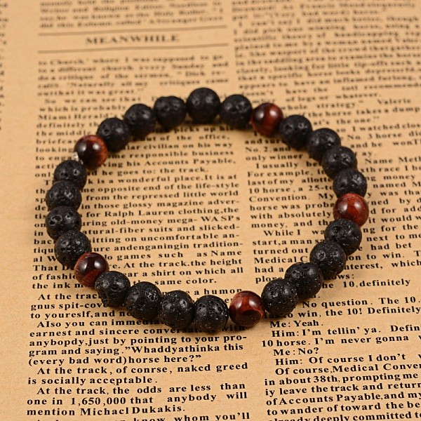

PandaHall Natural Lava Rock Beaded Stretch Bracelets, with Tiger Eye Beads, 60mm Lava Rock