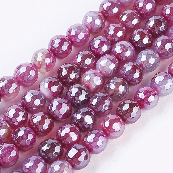 

PandaHall Natural Striped Agate/Banded Agate Beads Strands, Pearl Luster Plated, Faceted, Round, Old Rose, 8mm, Hole: 1.2mm, about..., Purple