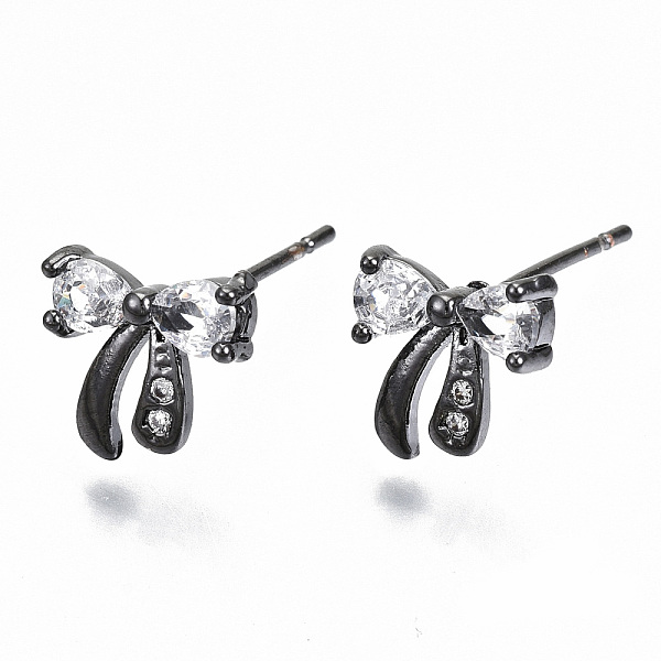 

PandaHall Brass Stud Earrings, with Clear Cubic Zirconia, Nickel Free, Bowknot, Gunmetal, 8.5x9mm, Pin: 0.7mm Brass Bowknot Clear