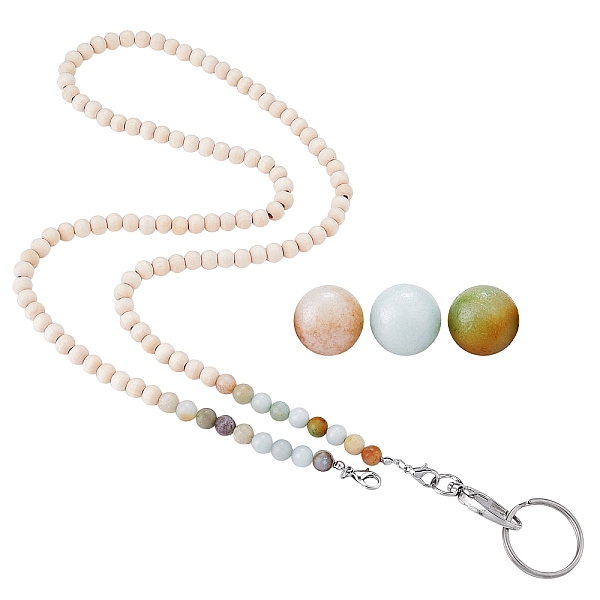 

PandaHall Natural Flower Amazonite & Wood Beaded Name Card Holder, ID Badge Holder, Zinc Alloy Lobster Claw Clasps and Nylon Thread, 495mm...