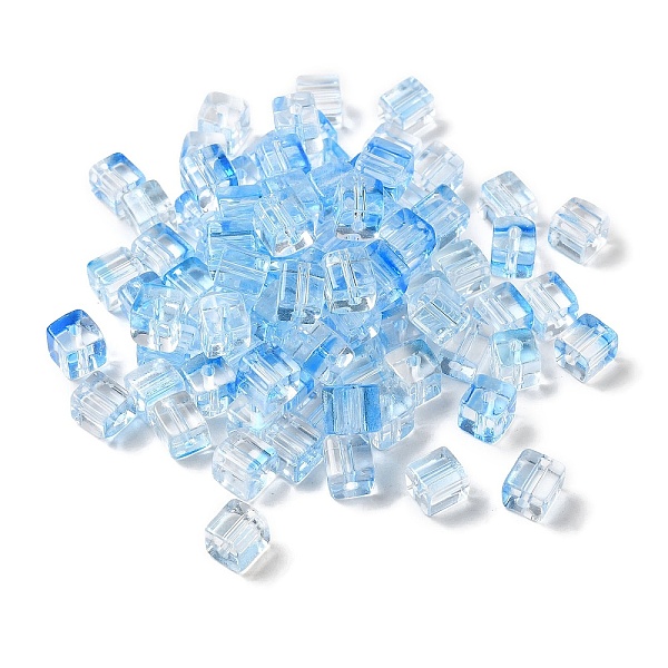 

PandaHall Two Tone Transparent Glass Beads, Cube, Light Sky Blue, 6x6x7mm, Hole: 1.4mm, about 500pcs/bag Glass Cube