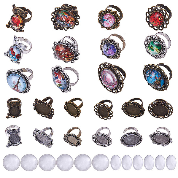 

PandaHall SUNNYCLUE 12pcs Mixed Adjustable Ring Blanks Cabochon Rings Settings with 12pcs Clear Glass Cabochons Oval Round for Ring Making...