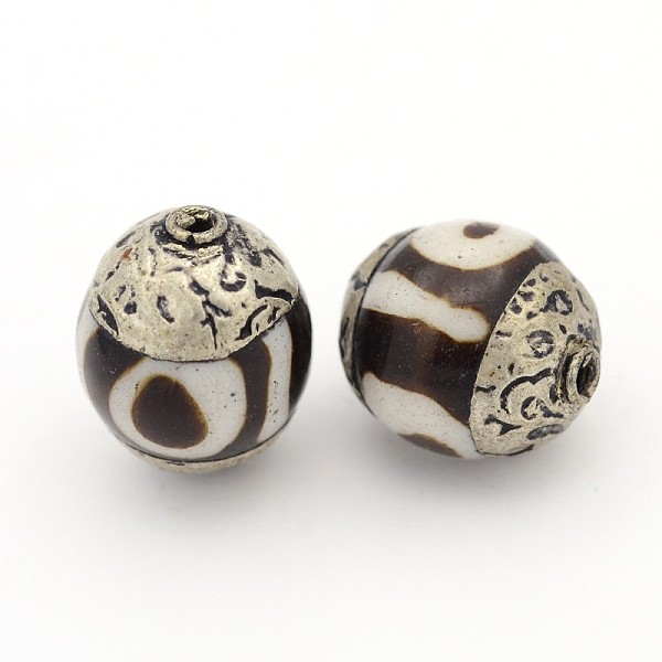 

PandaHall Tibetan Style dZi Beads, Natural Agate Beads, with Tibetan Style Alloy Findings, Round, Black, 14.5~16x11.5~13mm, hole: 1mm...