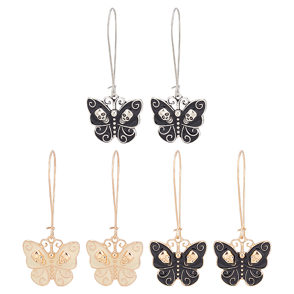 

PandaHall ANATTASOUL 3 Pair 3 Color Enamel Butterfly with Skull Hoop Earrings, Alloy Jewelry for Women, Mixed Color, 58mm, Pin: 0.8mm, 1..., Multicolor