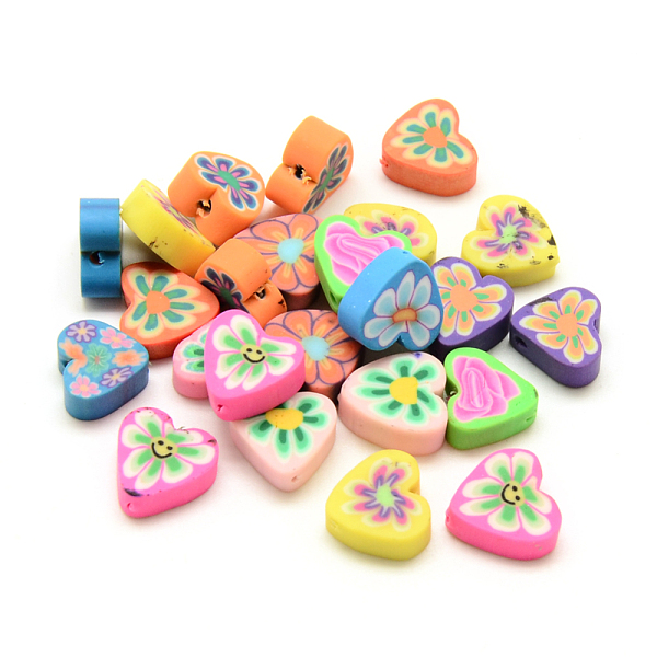 

PandaHall Handmade Polymer Clay Beads, Heart with Flower, Mixed Color, 10x10~11x4mm, Hole: 1~2mm Polymer Clay Heart Multicolor