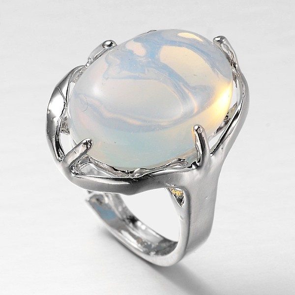 

PandaHall Adjustable Oval Gemstone Wide Band Rings, with Platinum Tone Brass Findings, US Size 7 1/4(17.5mm) Opalite