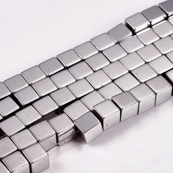 

PandaHall Electroplate Non-magnetic Synthetic Hematite Beads Strands, Cube, Grade AAAA, Platinum Plated, 4x4x4mm, Hole: 1mm, about...