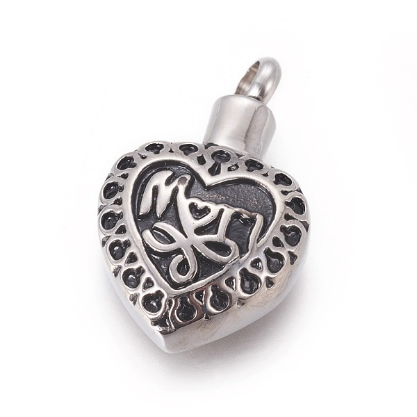 PandaHall Mother's Day Theme, Retro 304 Stainless Steel Pendants, Perfume Bottle, Heart with Word Mom, Antique Silver, 29.5x18x8mm, Hole...