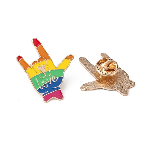 

PandaHall Creative Zinc Alloy Brooches, Enamel Lapel Pin, with Iron Butterfly Clutches or Rubber Clutches, Rainbow, Gesture for I Love You...