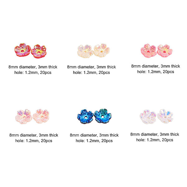 

PandaHall Vacuum Plating Resin Beads Cap, 5-Petal, AB Color Plated, DIY Accessories, Flower, Mixed Color, 8x3mm, Hole: 1.2mm, 20pcs/color, 6..., Multicolor