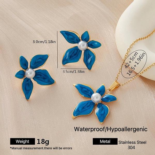 Ensembles de boucles d'oreilles et colliers pendentifs en acier inoxydable 304 émaillé en forme de fleur pour femmes