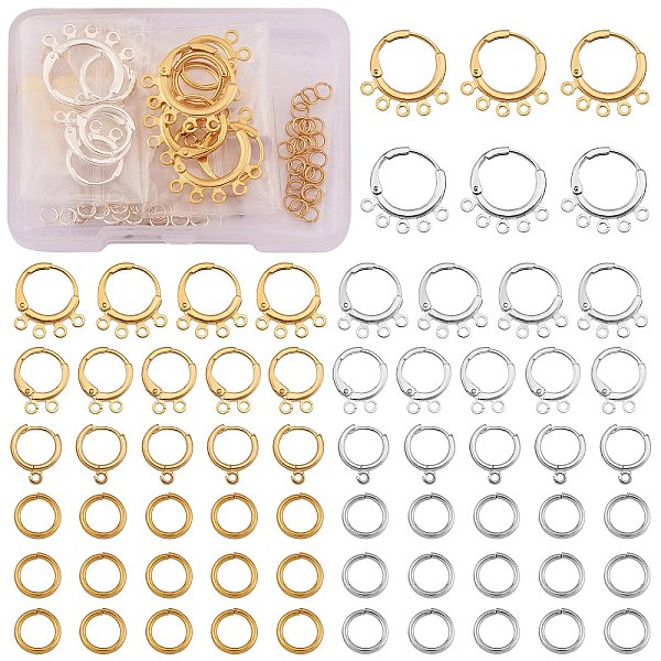 PandaHall 12Pcs 6 Style Brass Leverback & 4Pcs 2 Color Hoop Earring Findings, with Horizontal Loop and 60Pcs Jump Rings, Golden & Silver...