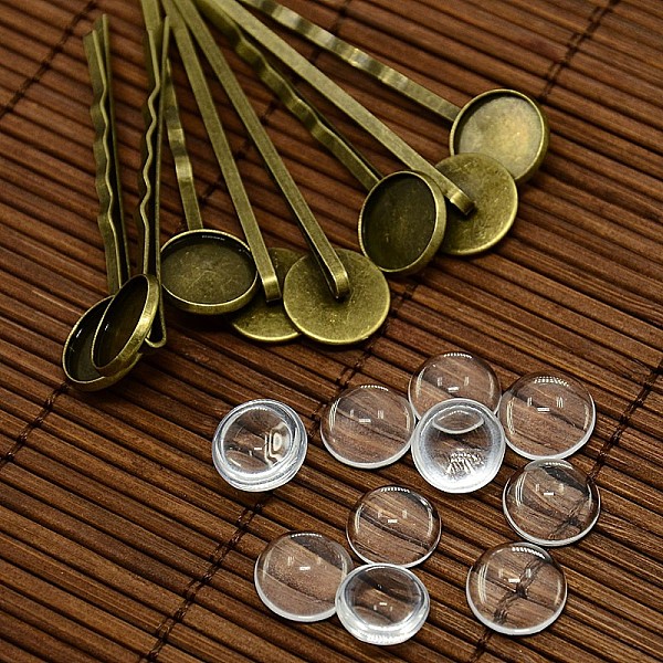 

PandaHall 12mm Transparent Clear Domed Glass Cabochon Cover for Iron Hair Bobby Pin DIY Making, Nickel Free, Antique Bronze, 54x14mm Alloy