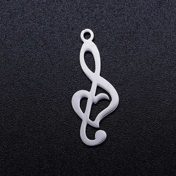 PandaHall 201 Stainless Steel Pendants, Treble Clef, Stainless Steel Color, 24x9.5x1mm, Hole: 1.5mm 201 Stainless Steel Musical Note