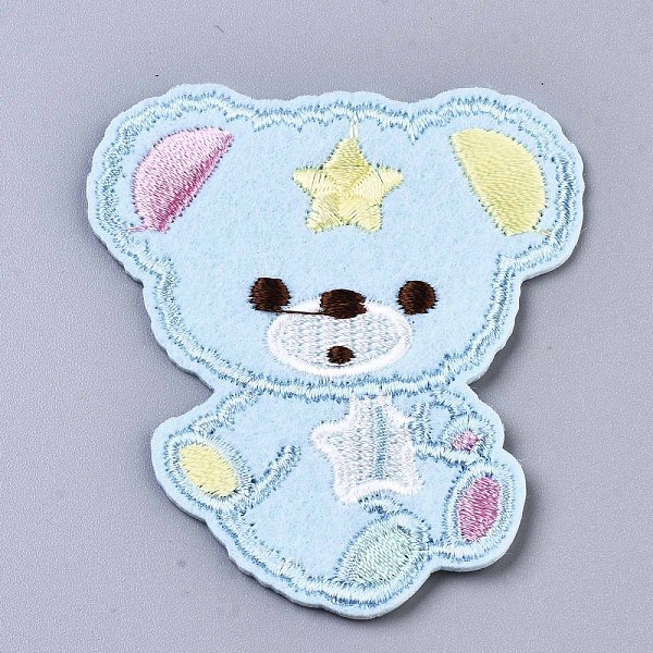 PandaHall Bear Appliques, Computerized Embroidery Cloth Iron on/Sew on Patches, Costume Accessories, Light Sky Blue, 63.5x55x1.5mm Cloth...